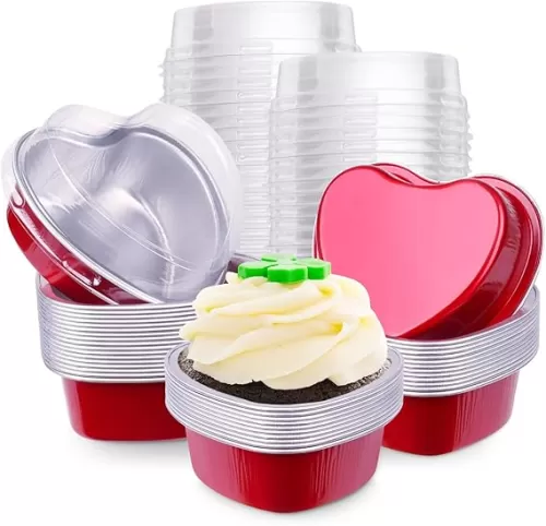 yeload 60 Pcs Heart Shaped Cake Pans with Lids, Aluminum Mini Cake Pans, 3.4 Oz/ 100ml Foil Disposable Flan Pan Cupcake Tins Baking Pan for Valentine