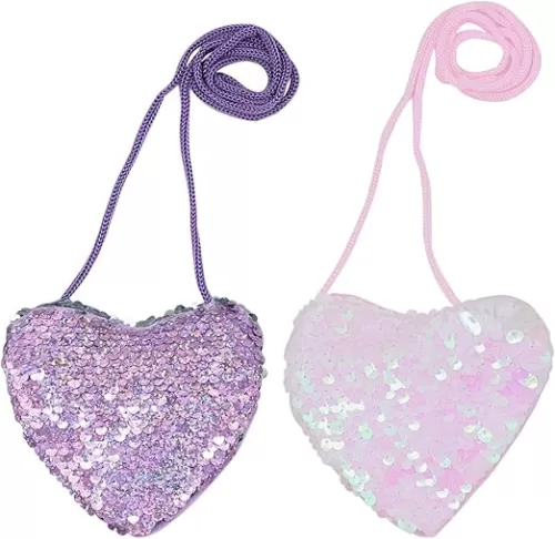 ZGMYC 2Pcs Glitter Sequin Purses Crossbody Bag for Little Girls Kids Mini Cute Heart-shaped Wallet Satchel