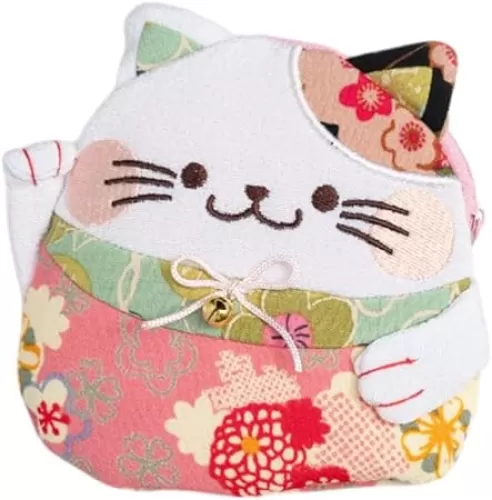 Zipper Maneki Neko lucky cat coin purse- Chirimen Kimono Print Style kawaii Cat Coin Wallet Holder for Coin Money Credit cards (Pink)