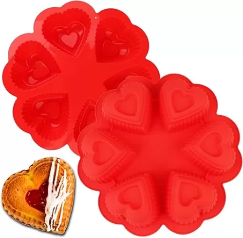 10Inch Round Silicone Heart Cake Pan Mold，European Grade Non-Stick Red 6-Cavity Cupcake Hearts Silicone Cake Baking Pans Mold For Jello, Bread, Gelatin, Chiffon Cake - Set of 2