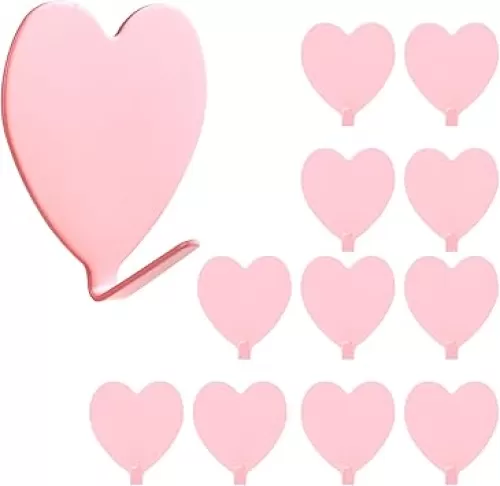 12 Pack Heart Shaped Decorative Wall Hooks, Cute Self-Adhesive Hanging Hooks Heavy Duty Stainless Steel No Tools Sticky Door Window Pothook for Home Kitchen Bathroom Office (Light Pink)