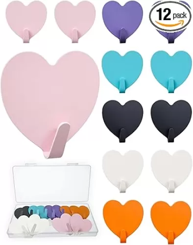 12 Pack Self-Adhesive Hooks for Wall, Multi-Color & Multi-Shapes, Stainless Steel Key Hangers, Decorative Hook for Hanging Hats, Bags, Towels (Heart Shaped)