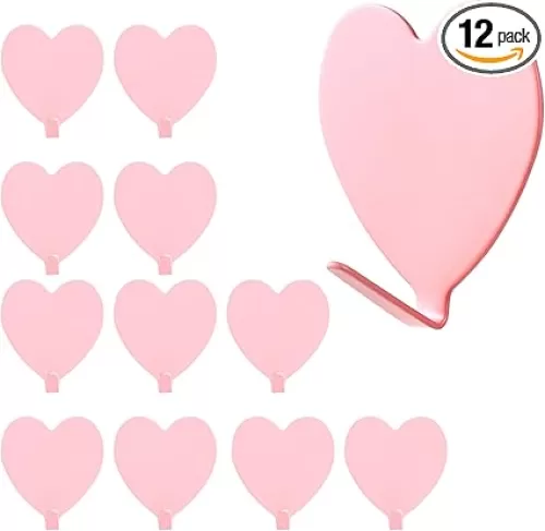 12 Pcs Heart Shaped Decorative Wall Hooks Stainless Steel Strong Adhesive Wall Hook Purse Hanger Mount for Room Hanging Towel Coat Clothes Hats Robe Stick on Bathroom Shower Kitchen Office