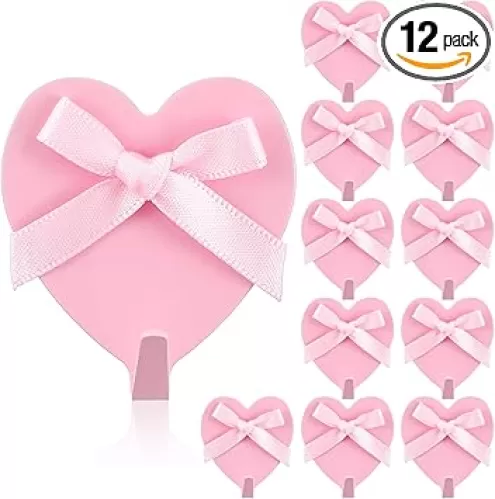 12 Pcs Pink Bow Hooks for Wall Heart Shaped Coquette Wall Decor Stainless Steel Strong Adhesive Hook for Bedroom Home Kitchen Bathroom