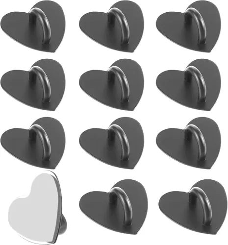 12PCS Phone Holder Heart Phone Ring, Self-Adhesive Cell Phone Hook Cell Phone Charm Hook for Cell Phone Tablet DIY Accessories (Heart Shaped Black)