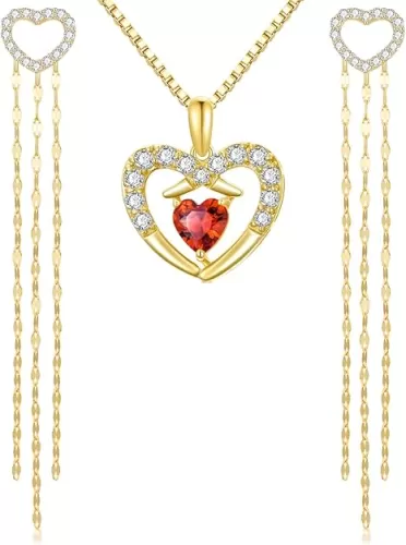 14K Gold Heart Necklace and Tassel Earrings Set for Women, Love Jewelry Gifts for Her