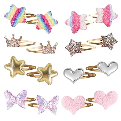 16 Pcs Glitter Hair Clip for Girls - Star/Crown/Heart/Butterfly Shaped Kids Barrettes, Cute Metal Snap Pins, Sparkly Styling Accessories for Girls Birthday