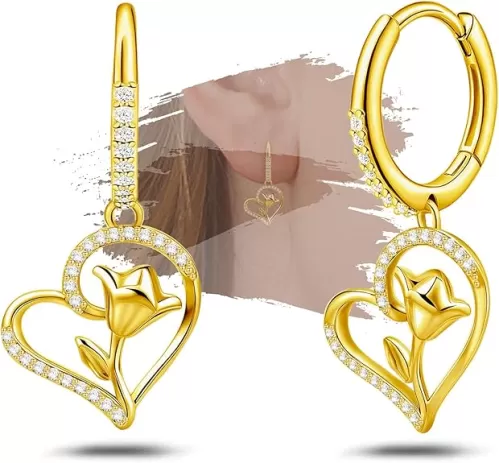 18K Gold Plated Sterling Sliver Heart-Shaped Rose Hoop Earrings for Women Hypoallergenic Romantic Love Heart Sparkling Cubic Zirconia Huggie Earrings