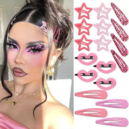 18Pcs Pink Y2K Star Hair Clips Leopard Snap Hair Barrettes Water Drop Non-Slip Hair Clips for Girls Love Heart Hairpins 2000s Hair Accessories for Women Thick Thin Hair