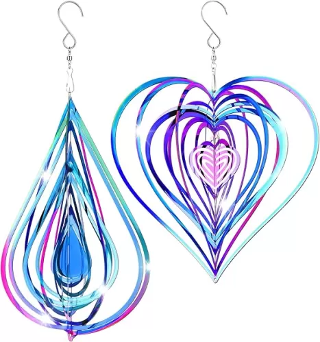 2 Pieces Heart Wind Spinner Outdoor Metal 3D Hanging Flowing Stainless Steel Mirrored Patio Wind Chime Decor for Yard Garden Balcony Women (Colorful)