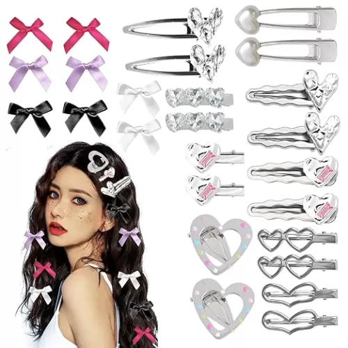 26pcs Hair Clips for Women, Y2K Bows Hair Clips, Silver Metal Heart Barrettes 10 Shapes Bowknot Hairpin for Girls Styling Mini Satin Bows Barrettes Hairclip Set