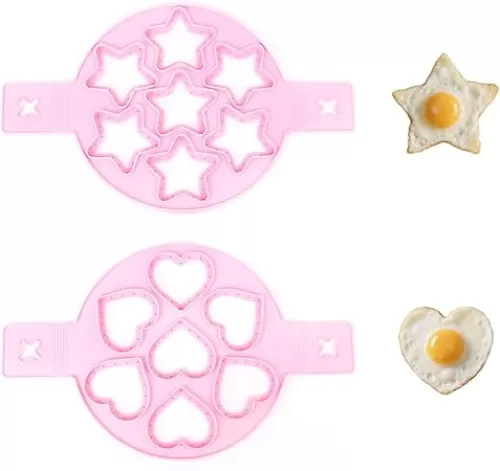 2Pcs Pancake Maker Mold, 7 Cavity Star/Heart Shape Non-stick Silicone Egg Mold Ring with Handle for Muffin Fried Egg Burger Pink