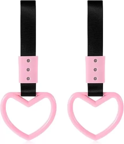 2PCS Rings Heart Shaped Car Handle Straps, Car Heart Hanging Accessories, Pink Drift Charm, Heart Handle Keychains, Rear Bumper Warning Ring, Decor Subway Broken Heart Handle for Car Interior