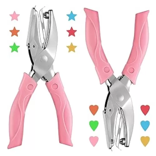 2PCS Star Heart One Hole Punch 1/4" Small Hole Metal Handheld Craft Shape Hole Puncher with Soft-Handled, Single Earring Card Hole Paper Punch for DIY Projects Office Tags Clothing Ticket(Star, Heart)