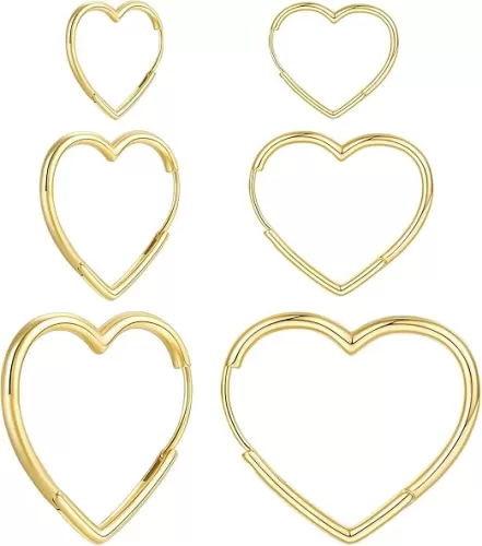 3 Pairs 14K Gold Plated Heart Hoop Earrings, Simple Large and Small Heart Hoop Earrings for Women, 3 Sizes Cute Huggies Earrings for Women Girs Gift, 1.3cm/2cm/3cm, gold and silver…