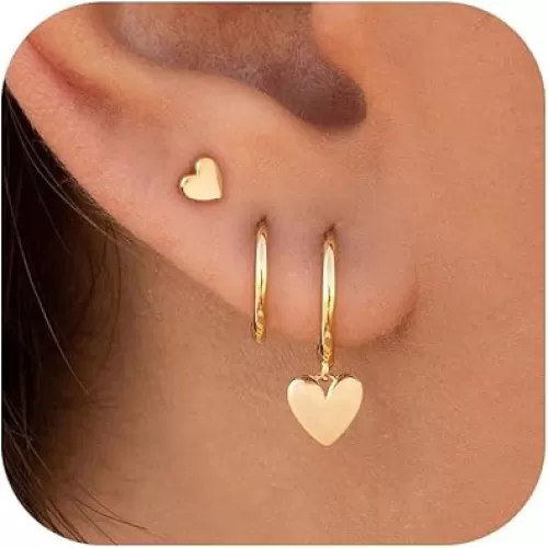 3 Pairs Small Gold Hoop Earring, 14K Gold Plated Earring Stacks Butterfly Heart Star Moon Bow Four Leaf Rhombus Round CZ Pearl Hoop Charm Huggie Earrings for Women Trendy
