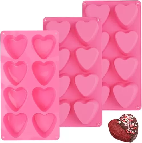3 PCS Heart Molds Silicone 8 Cavities Heart Shaped Cupcake Pan for Baking Food Grade Muffin Pan Easy Clean Candles Epoxy Resin Valentine Craft for Making Chocolate, Candy, Soap and Jelly (Blue)