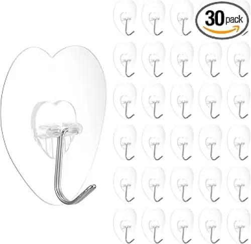 30pcs Adhesive Hooks for Hanging, Clear Self Adhesive Hooks Heavy Duty Hooks, Waterproof for Shower Wall School Bathroom Kitchen Office(Heart Shape)