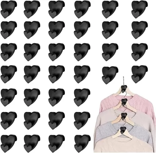 36 pcs Space Save Hanger Hooks, Clothes Hanger Connector Hooks, Space Save Closet Organizers, Triangles Hooks for Hanger, AS-seen-on-tv, Heart-Shaped Black