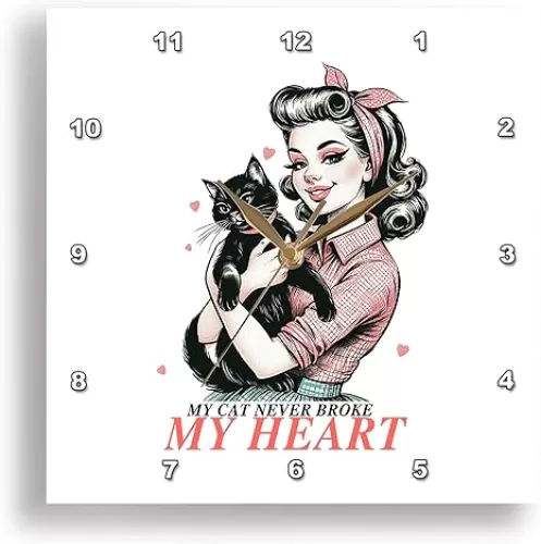 3dRose, My cat Never Broke My Heart Funny Retro Valentines Day Artsy Gift, 10x10 Wall Clock