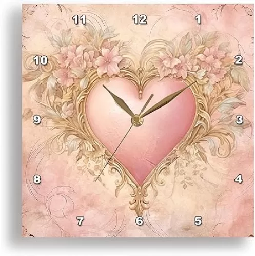 3dRose, Pretty Decorative Floral Pink Heart Background, 10x10 Wall Clock