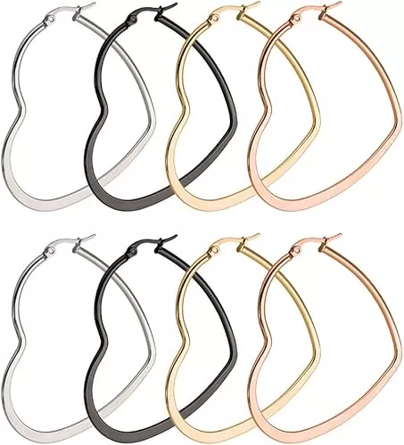 4 Pairs Stainless Steel Heart Earrings Hypoallergenic Big Heart Hoop Earrings Gold Plated Set For Women Men