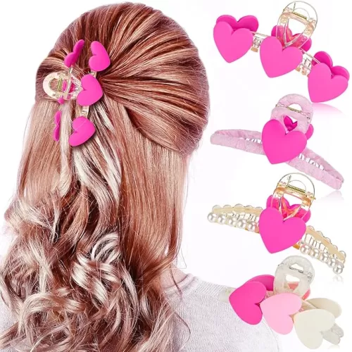 4 Pcs Heart Hair Claw Clips for Women Hot Pink Strong Hold Jaw Clip Pearl Heart Hairpins Sweet Lovely Barrettes Styling Accessory Party Valentine Gifts for Thick Hair