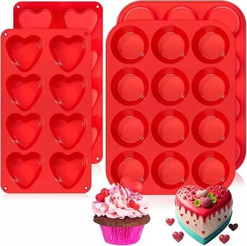 4 Pcs Silicone Muffin Pans for Baking Heart Silicone Molds Muffin Pan for Brownie Cupcake Cookies Chocolate Candy Ice Cube Soap