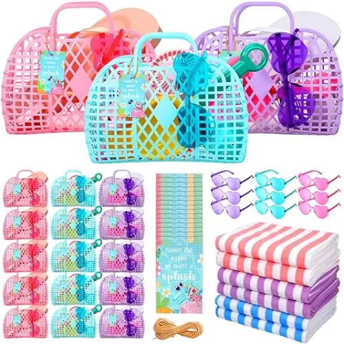 49 Pcs Pool Party Favors for Kids Jelly Basket Beach Towel Heart Shape Sunglasses Jelly Purses for Kids Beach Theme Party Favors Supplies