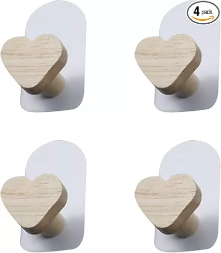 4Pcs Heart-Shaped Wood Coat Hook, Adhesive Mounted Wall Hook, Kids Room Decorative Hooks, Wood Wall Hooks for Hanging Coat Clothes Hat Bag Purse and Towel