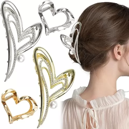 4PCS Metal Heart Hair Clips, Rhinestone Non-Slip Strong Hold Hair Claw for Thick Hair Styling Fashion Hair Barrette Accessories for Women Girls