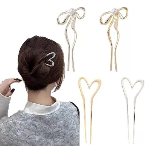 4PCS U Shape Elegant French Hair Pins for Women, Metal Bow Hair Pins for Buns Retro heart-shaped hair clip for Long Thick Hair Medium Hair Accessories for Women