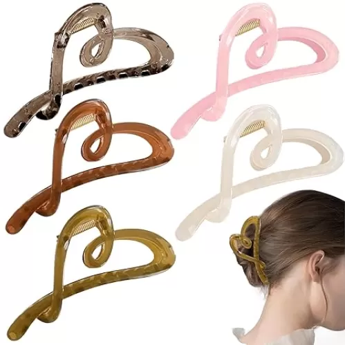 5 PCS Heart Hair Claw Clips Elegant Love Hair Clips French Heart Shaped Big Banana Clips for Thin Thick Curly Hair Fashion Non Slip Strong Hold Barrtte for Women Girls Hair Styling Accessories