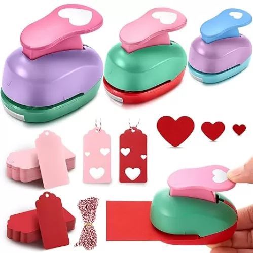 53 Pcs Heart Paper Punch Set Include 3 Pcs Heart Hole Punch 50 Pcs Red and Pink Paper Gift Tags with 10 Meter String Tag Punches for Paper Crafts Card Scrapbook DIY