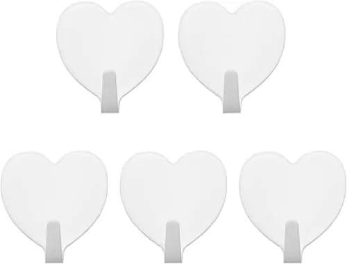 5PCS 40 * 45mm Stainless Steel Heart-Shaped Hook Heart Shaped Multifunctional Self Adhesive Door Hook Coat Hooks Wall Mounted Coat Rack Closet Hooks, Milky White
