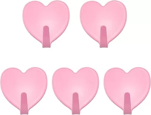 5PCS 40x45mm Stainless Steel Heart-Shaped Hook Heart Shaped Multifunctional Self Adhesive Door Hook Coat Hooks Wall Mounted Coat Rack Closet Hooks, Nordic Pink