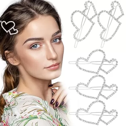 5pcs Rhinestones Hollow Heart Boho Hair Clips Barrette Bling Crystal Love Hair Pins Decorative Valentine Weddinig Prom Headdress Accessories for Women Girls Bride(Silver)