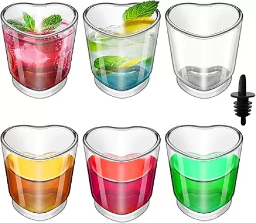 6Pcs, 1.5oz Heart Shaped Soju Cute Shot Glasses Bulk Shot Glasses Tequila Clear (6)