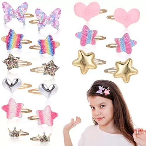 8 Pairs Sparkly Hair Clips for Girls, Star, Heart, Crown, Butterfly Shaped Girls Barrettes for Hair, Cute Metal Snap Hair Clips for Kids, Glitter Hair Clips for Little Girls(Multi Colors)