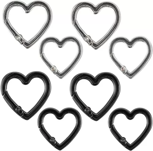 8 PCS Heart Carabiner, Heart Keychain Clip, Cute Carabiner Clip, Zinc Alloy Heavy Duty Heart Shaped Carabiner, Suitable for Camping, Hiking, Fishing Trips (Bright Silver + Gun Black)