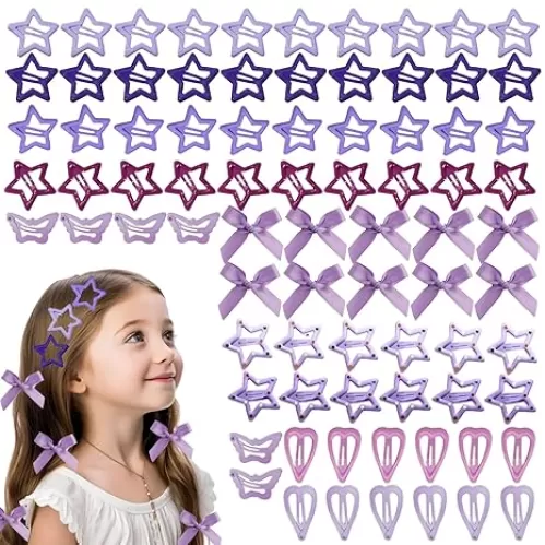 80PCS Y2K Hair Clips Set Colorful Hair Clips Starlike, Butterfly, Heart Shaped Metal Snap Hair Accessories Satin Mini Hair Bow Clips for Women Girls(Purple)