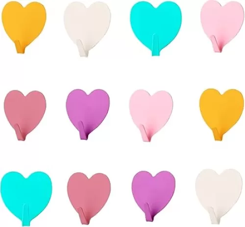 Adhesive Hooks Heart Shape Wall Hooks Hangers Heavy Duty Waterproof Creative Sticky Hanger Hook for Kitchen Utensils, Keys, Robe, Coat, Towel, Bags (Pack of 12)