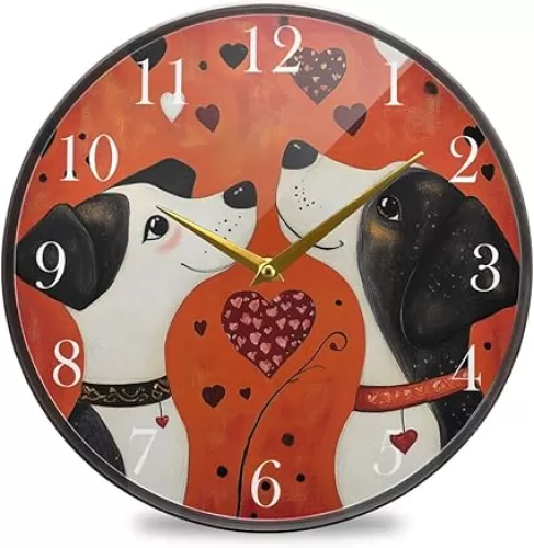ALAZA Romantic Dogs Hearts Wall Clock Non Ticking Silent Battery Operated Round Decorative Clock for Home Living Room Kitchen Office Dorm Decor