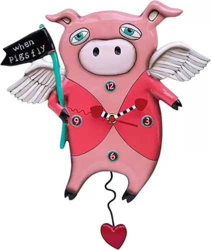 Allen Designs Enesco When Pigs Fly Hearts Sculpted Pendulum Wall Clock, 13.5 Inch, Multicolor
