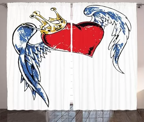 Ambesonne Tattoo Curtains, Grunge Heart with Wings and Crown Forever Kingdom of Love Graphic Print, Living Room Bedroom Window Drapes 2 Panel Set, 108" X 84", Red Blue