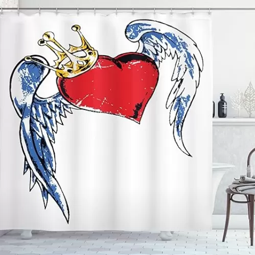 Ambesonne Tattoo Shower Curtain, Grunge Heart with Wings and Crown Forever Kingdom of Love Graphic Print, Cloth Fabric Bathroom Decor Set with Hooks, 69" W x 70" L, Red Blue