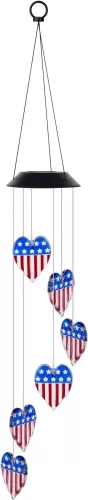 American Flag Solar Wind Chimes for Outside Color Changing 6 LED Wind Chime Lights Heart Hanging Solar Lights Windchimes Outdoors Clearance for Porch, Garden, Patio, Party, Yard, Window