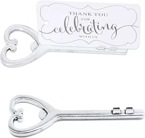 Aokbean 50pcs Place Card Holder Heart Shaped Key Bottle Opener for Wedding Party Table Name Cards Guest Gift with French Ribbon