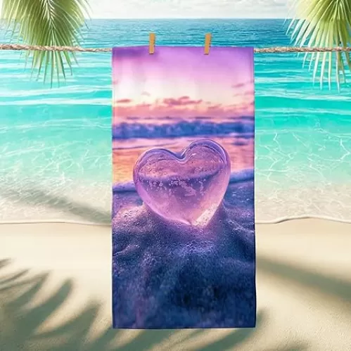 Artistic Heart Shaped Beach Towel Peach Violet Sunset Design, Quick Dry Absorbent Soft Sand Free Lightweight for Vacation Pool Camping Essentials 70x35 Inch