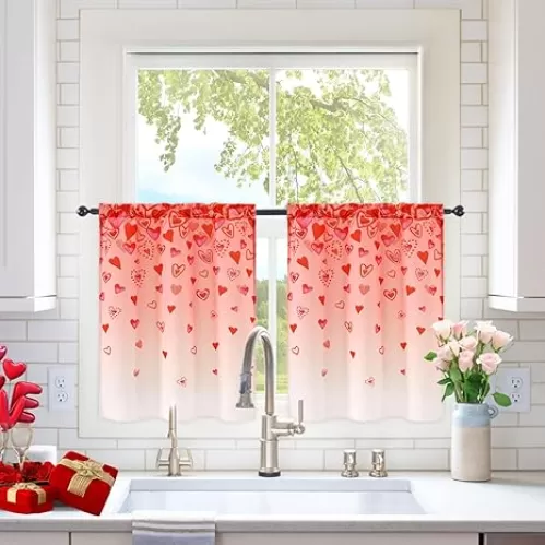 ASPMIZ Valentine's Kitchen Curtains, Falling Red Love Heart Window Curtains for Kitchen, Romantic Window Curtain Treatment Short Topper Curtains, Valentine Decor, 2 Panels Rod Pocket, 26" x 36"